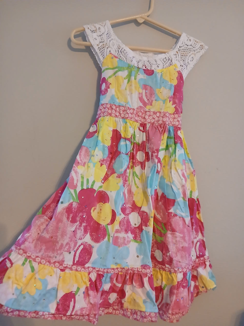 Youngland Multicolor Floral  Dress with White Lace Yoke